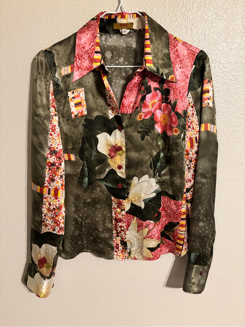 Kenzo 100% Silk Olive Green & Pink Floral Patchwork Blouse